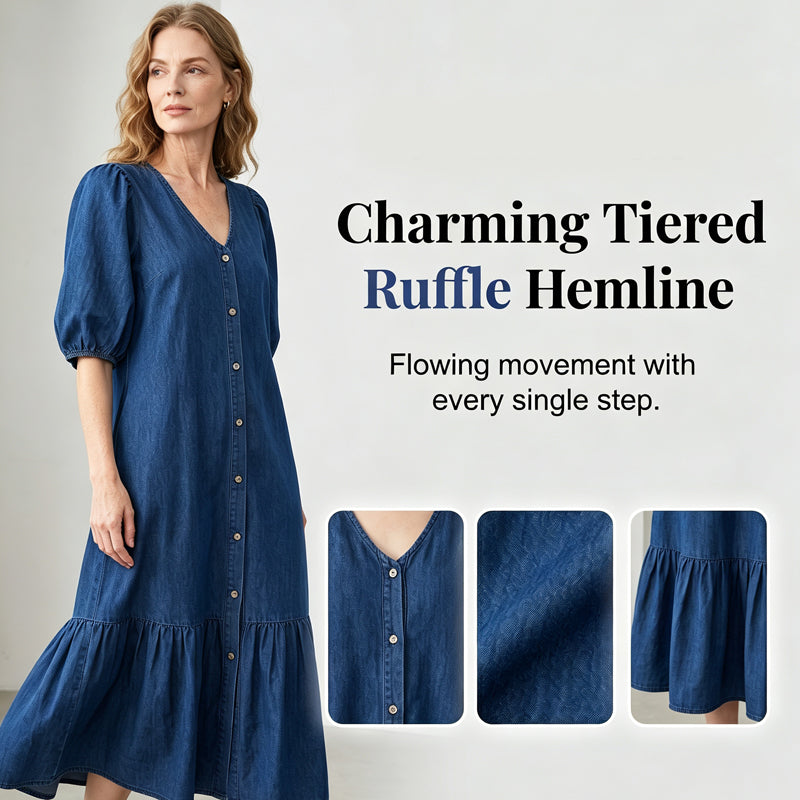 Robe Femme à Col en V, Simple Boutonnage et Manches Courtes