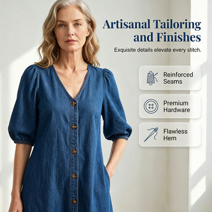 Robe Femme à Col en V, Simple Boutonnage et Manches Courtes