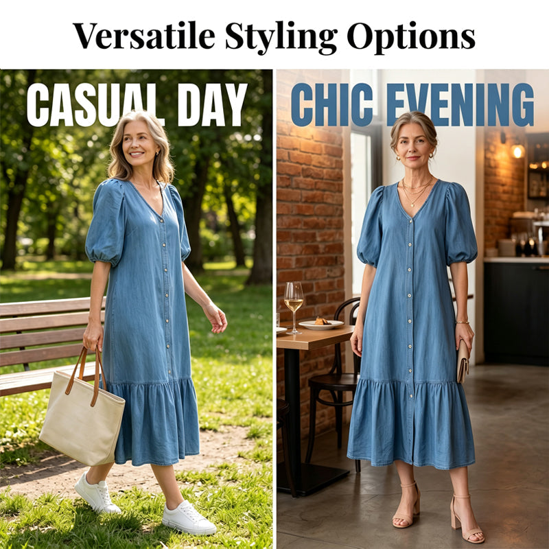 Robe Femme à Col en V, Simple Boutonnage et Manches Courtes