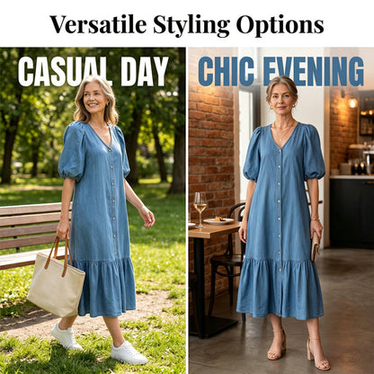 Robe Femme à Col en V, Simple Boutonnage et Manches Courtes