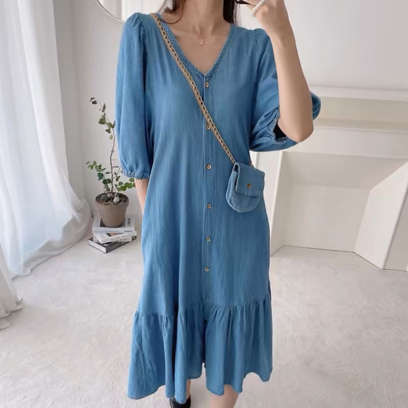 Robe Femme à Col en V, Simple Boutonnage et Manches Courtes