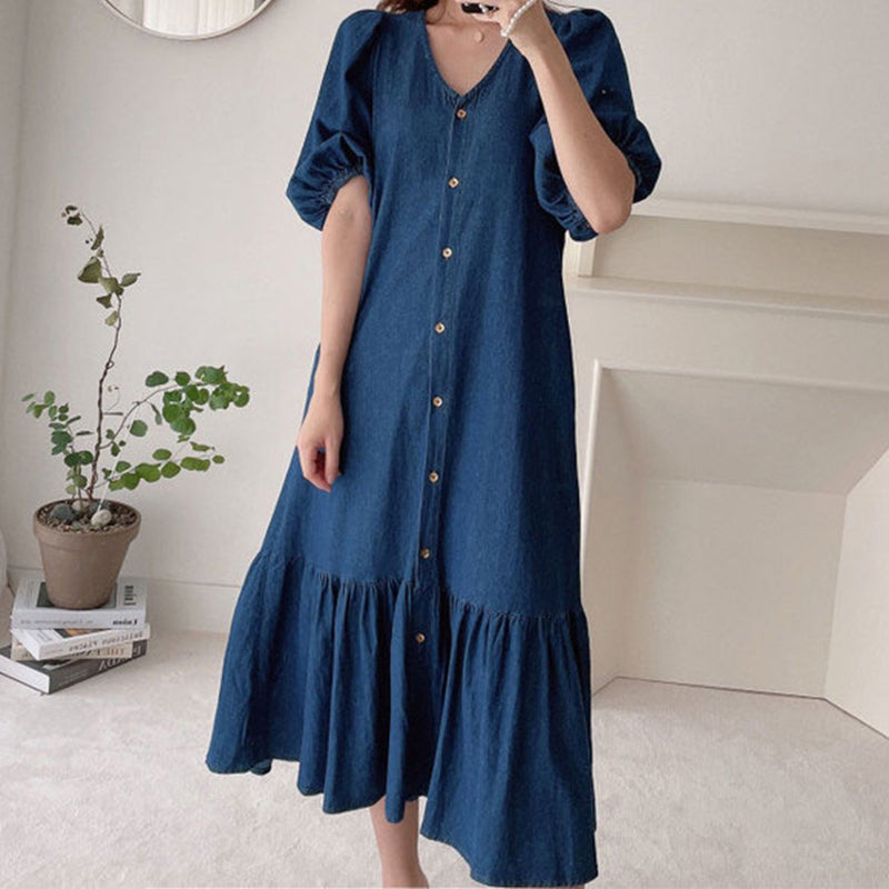 Robe Femme à Col en V, Simple Boutonnage et Manches Courtes
