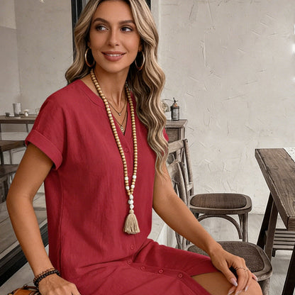 Robe chemise décontractée à col en V et boutons pour femme