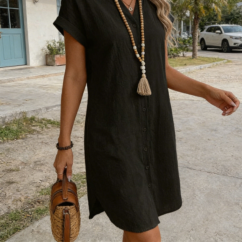 Robe chemise décontractée à col en V et boutons pour femme