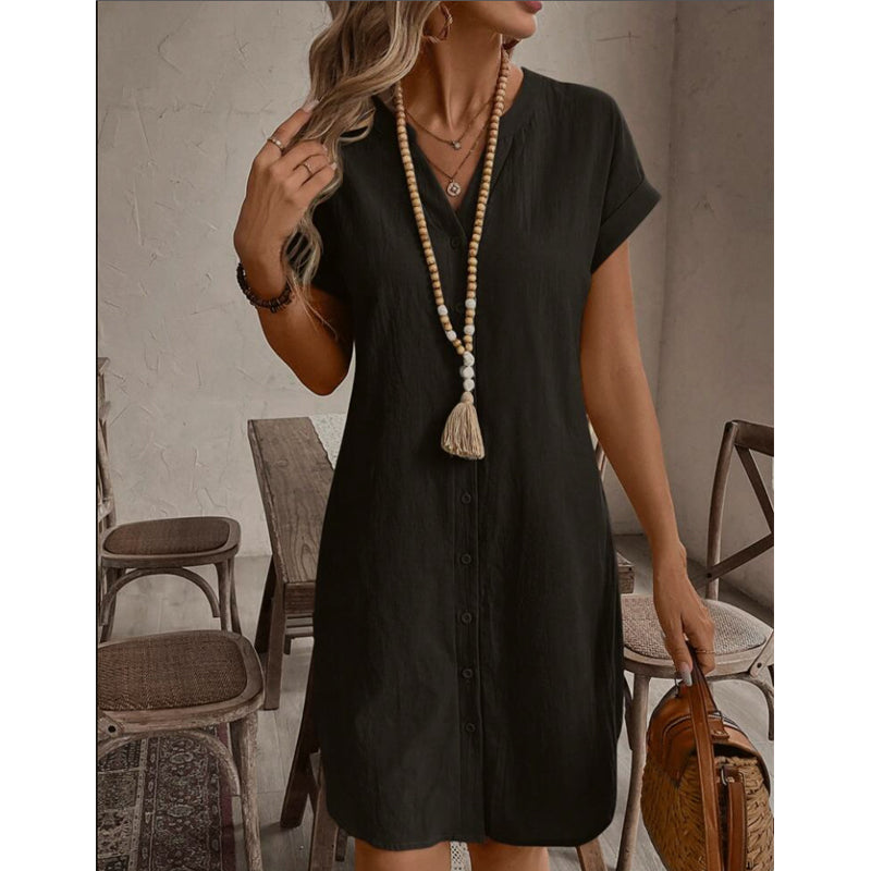 Robe chemise décontractée à col en V et boutons pour femme