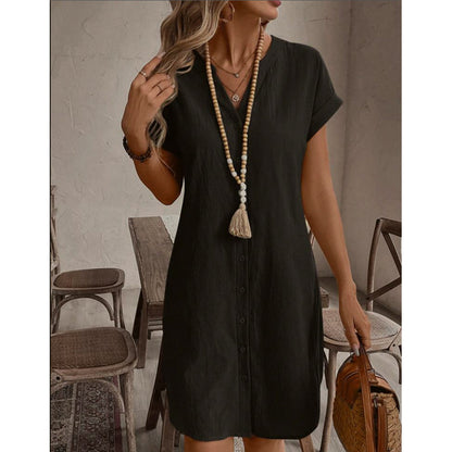 Robe chemise décontractée à col en V et boutons pour femme
