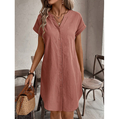 Robe chemise décontractée à col en V et boutons pour femme