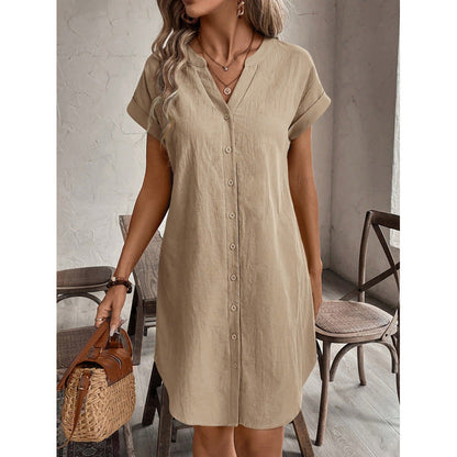 Robe chemise décontractée à col en V et boutons pour femme