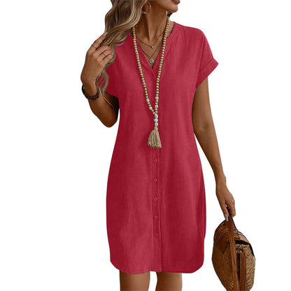 Robe chemise décontractée à col en V et boutons pour femme