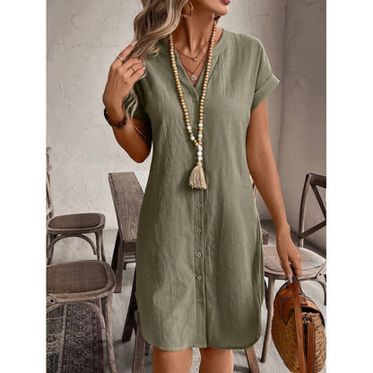 Robe chemise décontractée à col en V et boutons pour femme