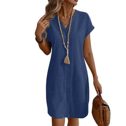 Robe chemise décontractée à col en V et boutons pour femme