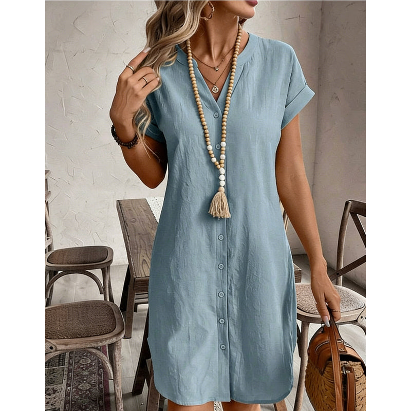 Robe chemise décontractée à col en V et boutons pour femme