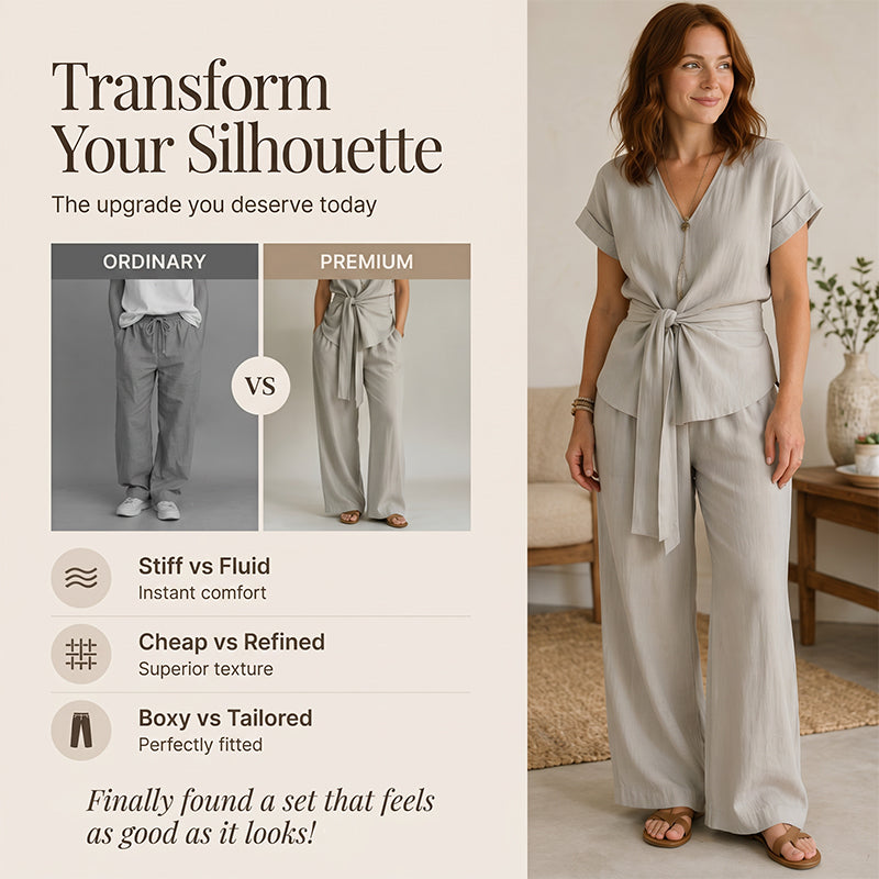 Ensemble femme composé d'un haut décontracté à nouer à la taille et d'un pantalon à jambes larges