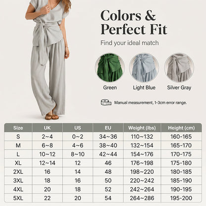 Ensemble femme composé d'un haut décontracté à nouer à la taille et d'un pantalon à jambes larges
