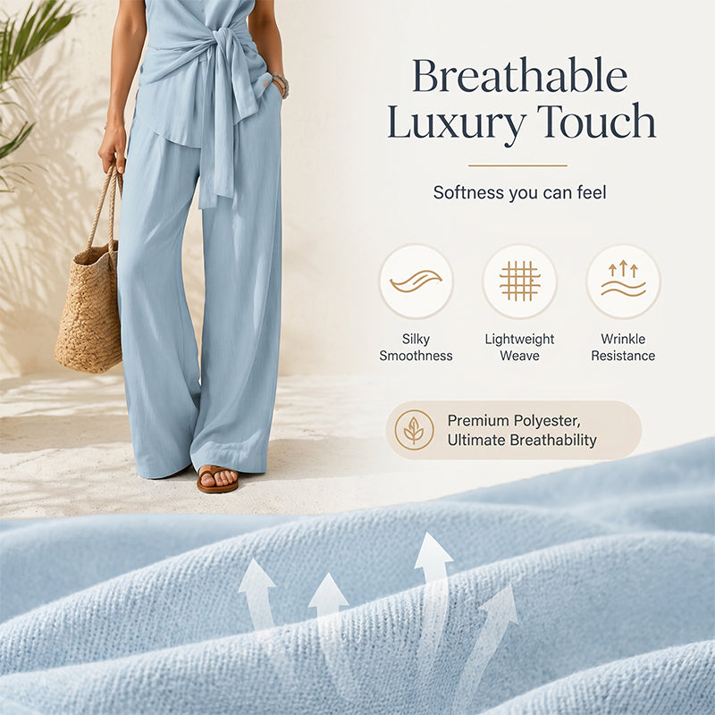 Ensemble femme composé d'un haut décontracté à nouer à la taille et d'un pantalon à jambes larges