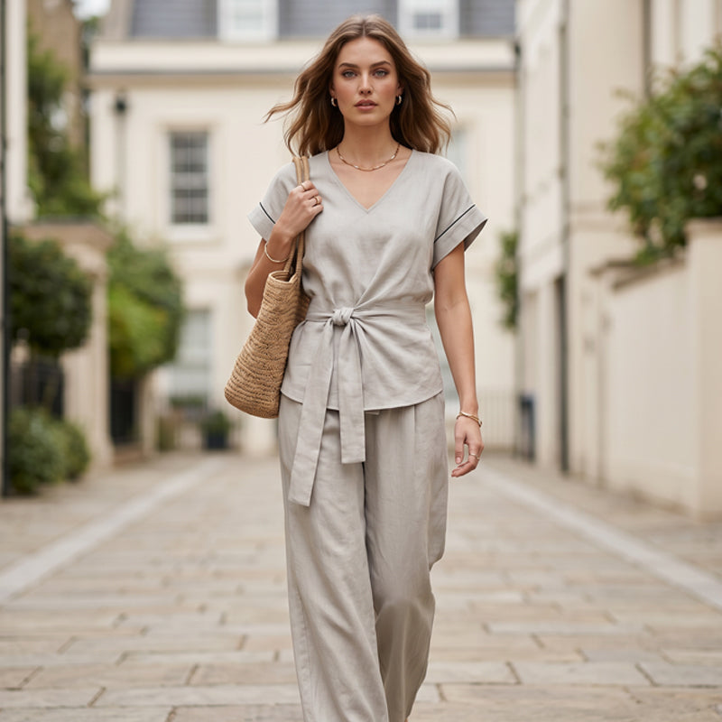 Ensemble femme composé d'un haut décontracté à nouer à la taille et d'un pantalon à jambes larges