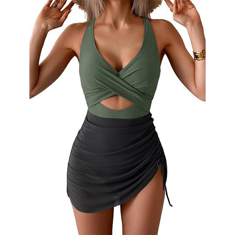 Maillot de bain une pièce croisé à blocs de couleurs pour femme
