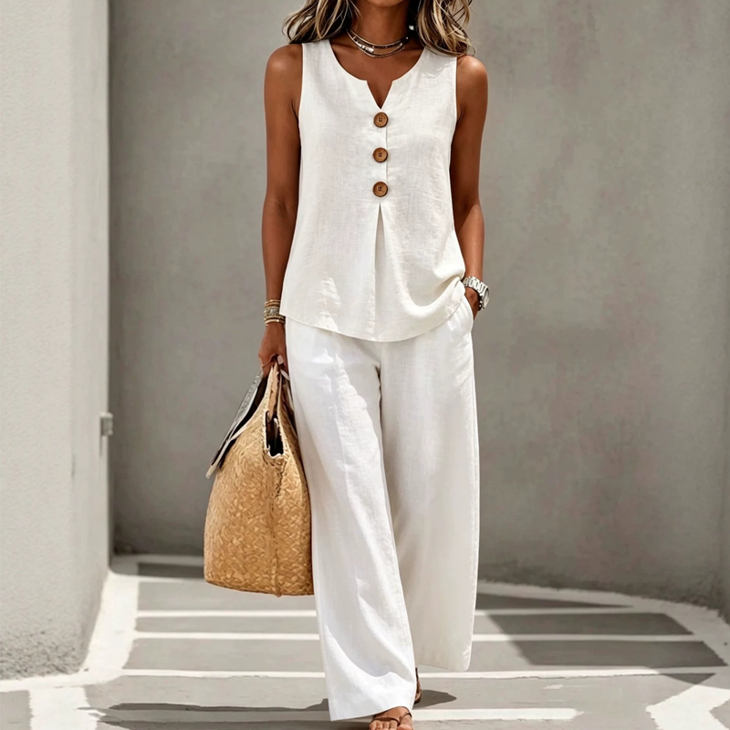 🔥-60%👖 Ensemble Femme Deux Pièces 🌿 Ensemble décontracté , haut sans manches et pantalon large pour le quotidien