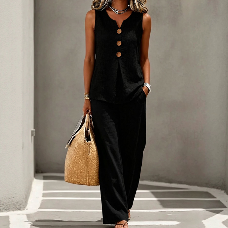 🔥-60%👖 Ensemble Femme Deux Pièces 🌿 Ensemble décontracté , haut sans manches et pantalon large pour le quotidien