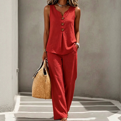 🔥-60%👖 Ensemble Femme Deux Pièces 🌿 Ensemble décontracté , haut sans manches et pantalon large pour le quotidien
