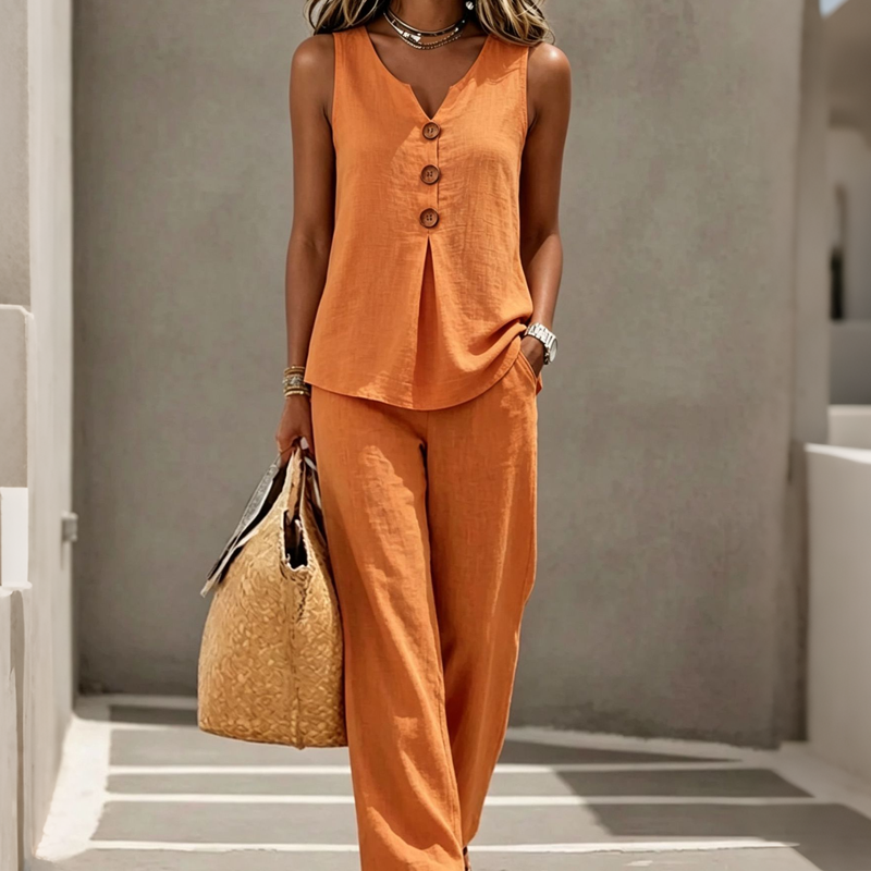 🔥-60%👖 Ensemble Femme Deux Pièces 🌿 Ensemble décontracté , haut sans manches et pantalon large pour le quotidien
