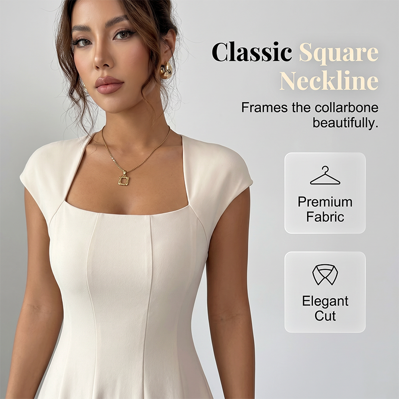 Robe longue élégante à col carré, coupe trapèze ajustée pour femme