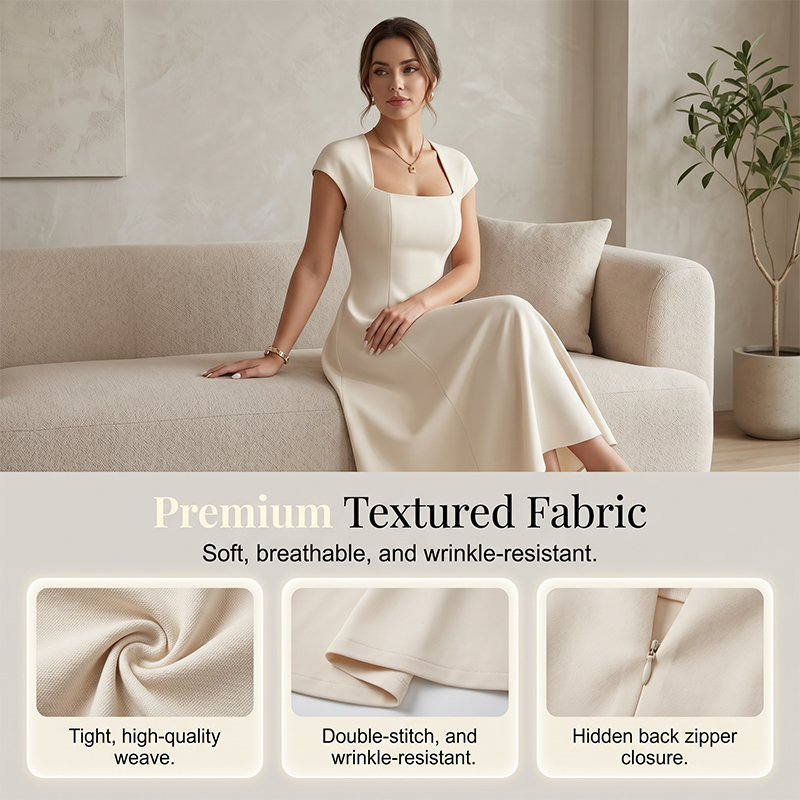Robe longue élégante à col carré, coupe trapèze ajustée pour femme
