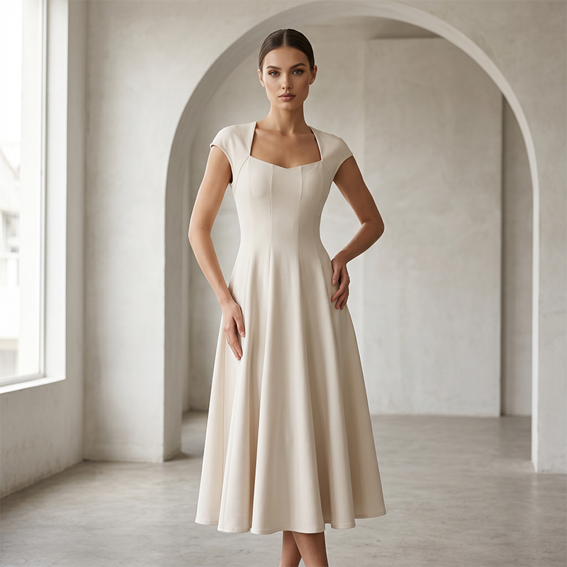 Robe longue élégante à col carré, coupe trapèze ajustée pour femme