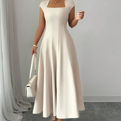 Robe longue élégante à col carré, coupe trapèze ajustée pour femme