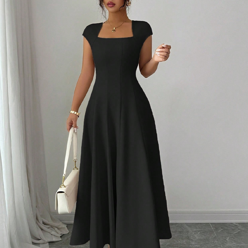 Robe longue élégante à col carré, coupe trapèze ajustée pour femme