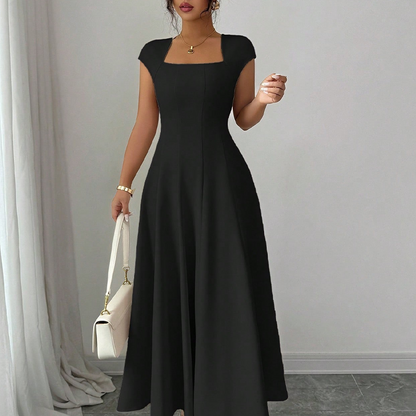 Robe longue élégante à col carré, coupe trapèze ajustée pour femme