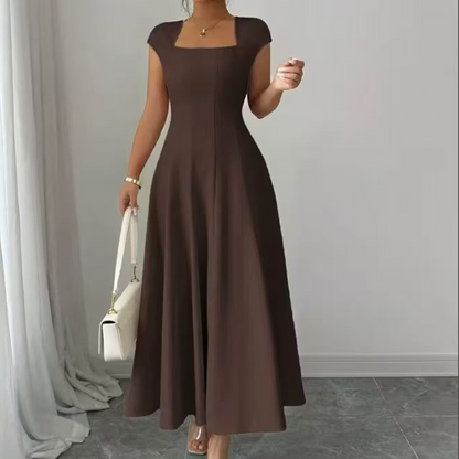 Robe longue élégante à col carré, coupe trapèze ajustée pour femme