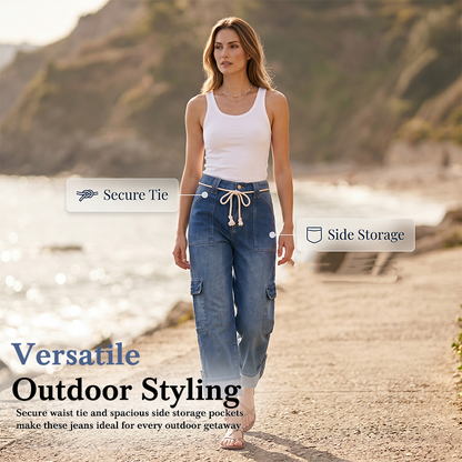 👖 50% DE RÉDUCTION ! 🌿 Pantalon Cargo Large Décontracté pour Femme – Taille Cordon Ajustable, Grandes Poches Latérales & Coupe Relax – Idéal pour le Quotidien, les Voyages et les Sorties – Bleu, Tailles S à 3XL ✨💙