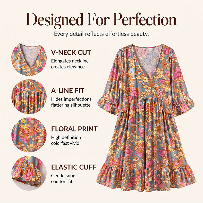 Robe bohème ample pour femme à imprimé floral et col en V
