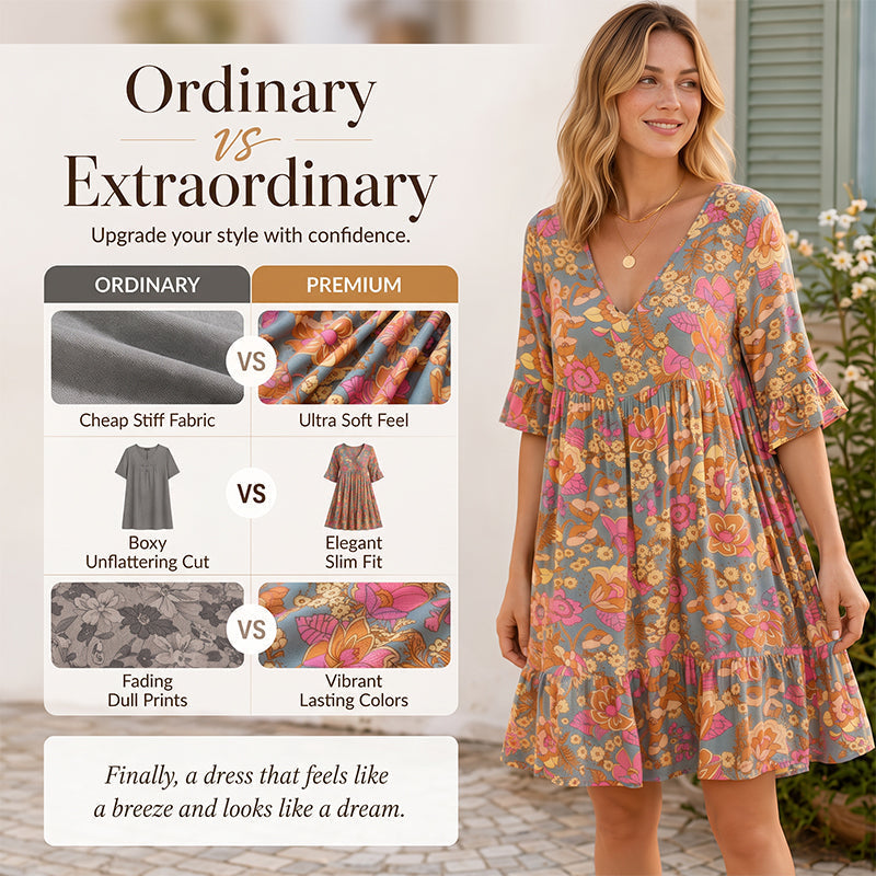 Robe bohème ample pour femme à imprimé floral et col en V