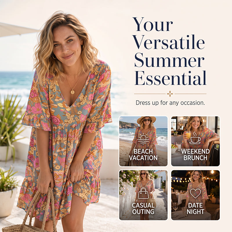 Robe bohème ample pour femme à imprimé floral et col en V