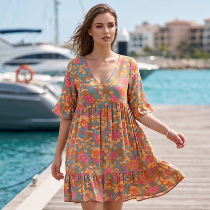 Robe bohème ample pour femme à imprimé floral et col en V