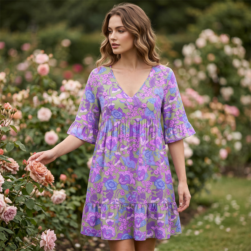 Robe bohème ample pour femme à imprimé floral et col en V