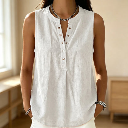 🔥-50% 👚 Haut Femme Sans Manches Col Rond – Boutons Devant Tissu Léger Coupe Décontractée🌿 Haut décontracté sans manches