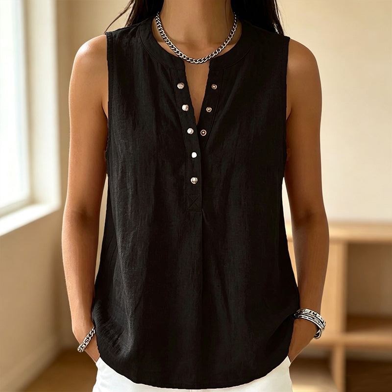 🔥-50% 👚 Haut Femme Sans Manches Col Rond – Boutons Devant Tissu Léger Coupe Décontractée🌿 Haut décontracté sans manches