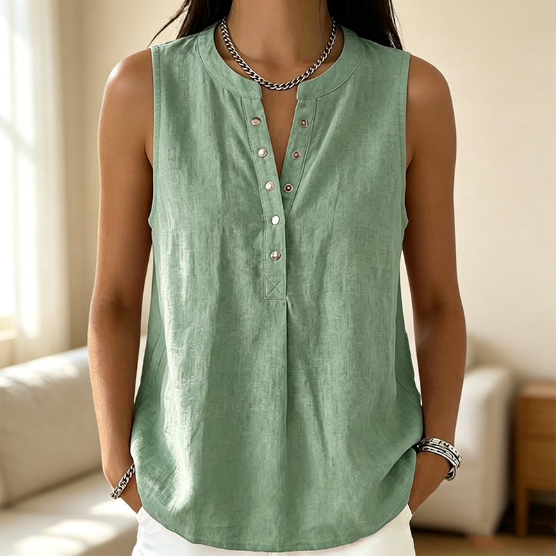 🔥-50% 👚 Haut Femme Sans Manches Col Rond – Boutons Devant Tissu Léger Coupe Décontractée🌿 Haut décontracté sans manches