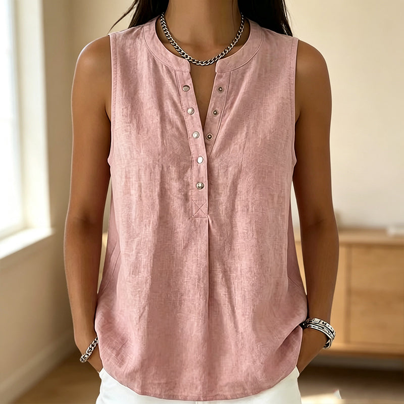 🔥-50% 👚 Haut Femme Sans Manches Col Rond – Boutons Devant Tissu Léger Coupe Décontractée🌿 Haut décontracté sans manches