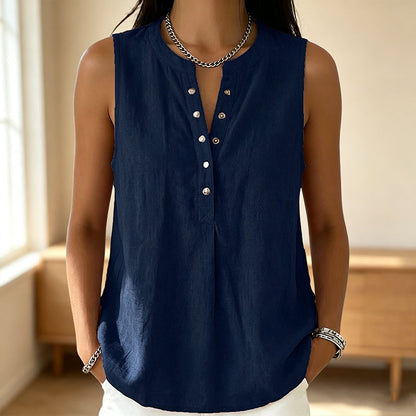 🔥-50% 👚 Haut Femme Sans Manches Col Rond – Boutons Devant Tissu Léger Coupe Décontractée🌿 Haut décontracté sans manches