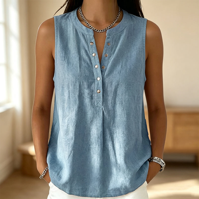 🔥-50% 👚 Haut Femme Sans Manches Col Rond – Boutons Devant Tissu Léger Coupe Décontractée🌿 Haut décontracté sans manches