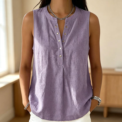 🔥-50% 👚 Haut Femme Sans Manches Col Rond – Boutons Devant Tissu Léger Coupe Décontractée🌿 Haut décontracté sans manches