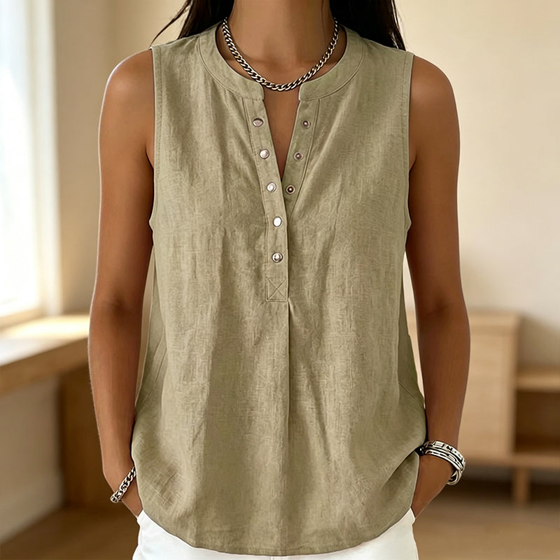🔥-50% 👚 Haut Femme Sans Manches Col Rond – Boutons Devant Tissu Léger Coupe Décontractée🌿 Haut décontracté sans manches