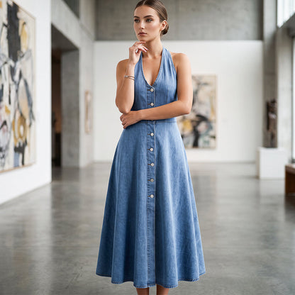 Robe en jean sans manches à dos nu et col en V pour femme