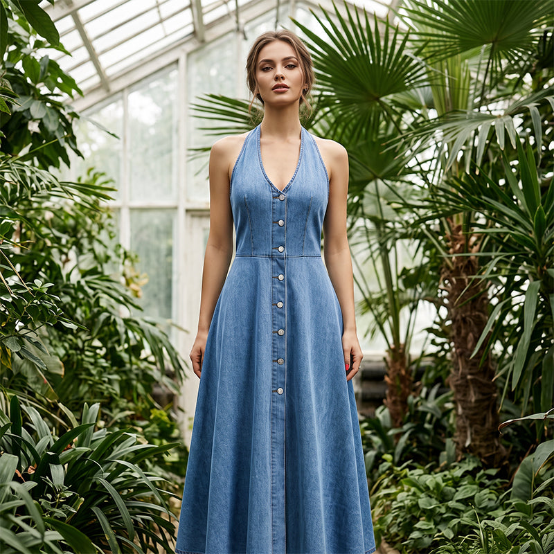 Robe en jean sans manches à dos nu et col en V pour femme