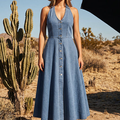 Robe en jean sans manches à dos nu et col en V pour femme