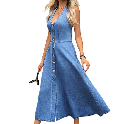 Robe en jean sans manches à dos nu et col en V pour femme